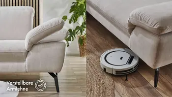 Detailaufnahme einer hellen Stoffcouch mit verstellbarer Armlehne und modernen schwarzen Metallfüßen – zeigt praktisches Design mit ausreichend Bodenfreiheit für Saugroboter, kombiniert mit natürlichem Holzboden und gemütlicher Wohnzimmeratmosphäre